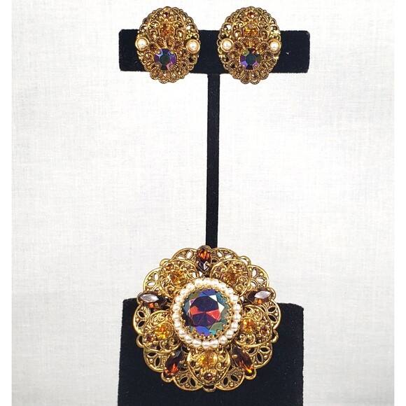 Vtg West Germany Aurora Borealis Amber Topaz Rhinestone Faux Pearl Brooch Set - Picture 4 of 16